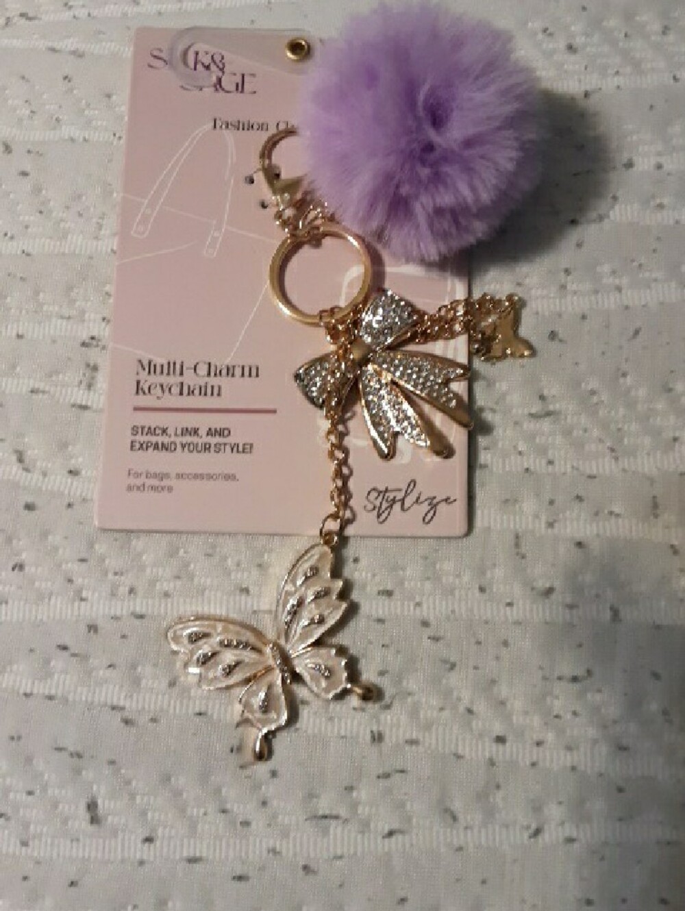 Silk And Sage Lavender Pom-Pom Keychain with Gold Butterfly and Bow Charms - Picture 2 of 9